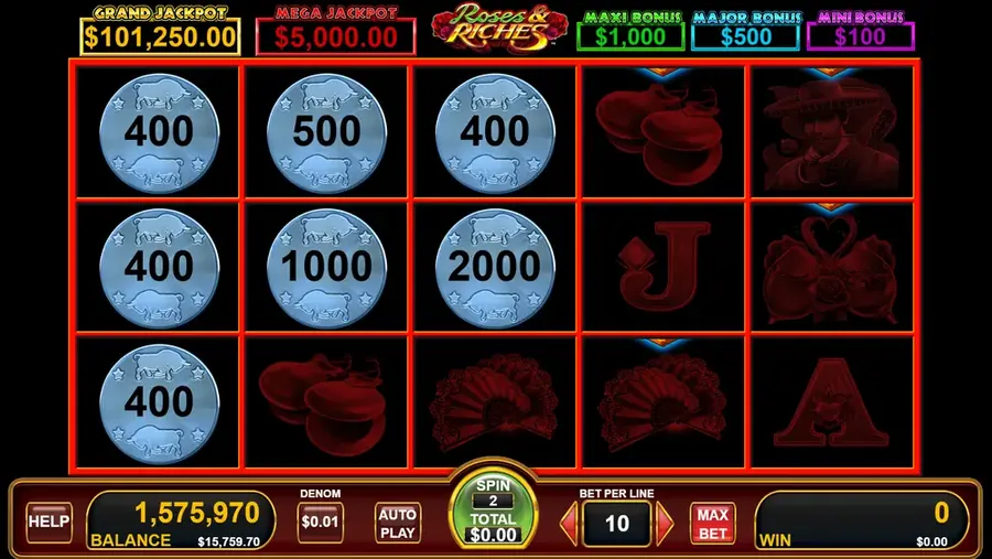 All 15 positions filled on the Bull Rush slot board for the Grand Jackpot award